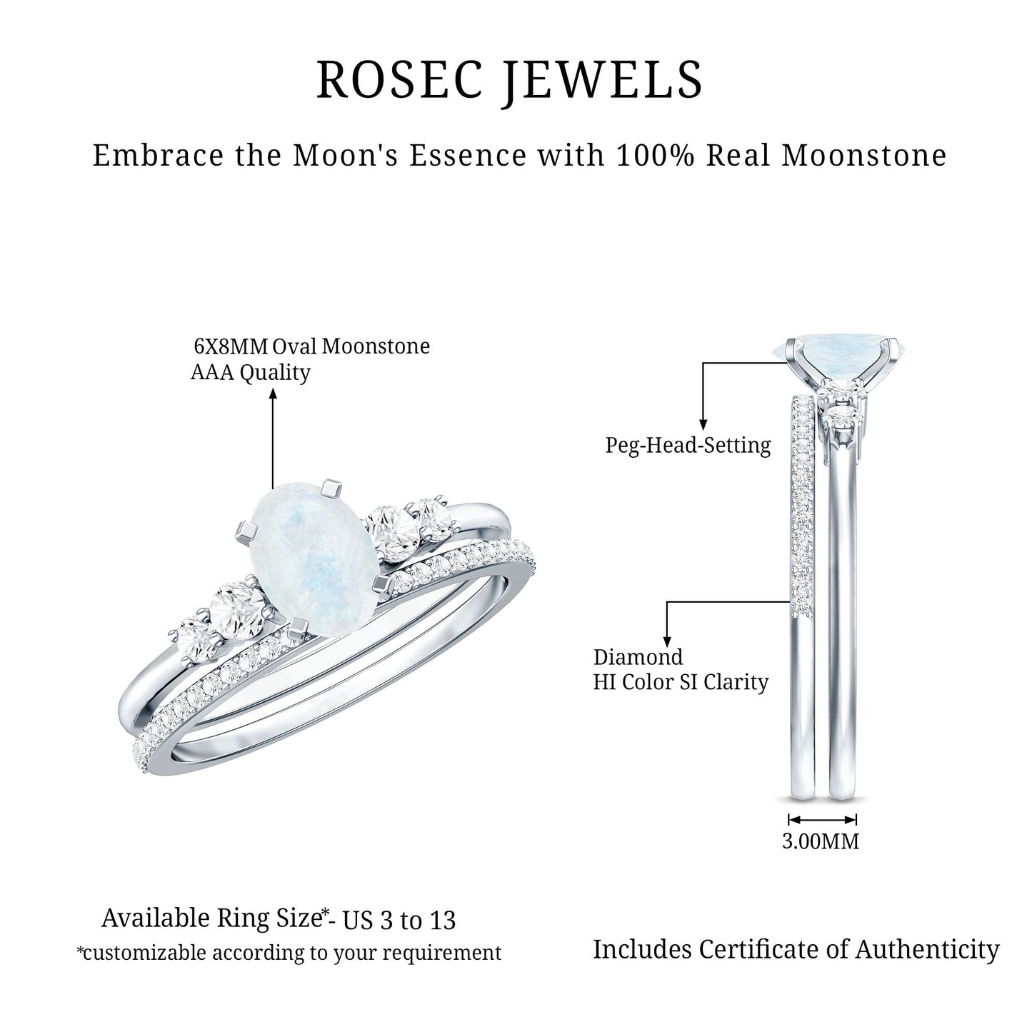 Oval Moonstone Solitaire Ring Set with Diamond