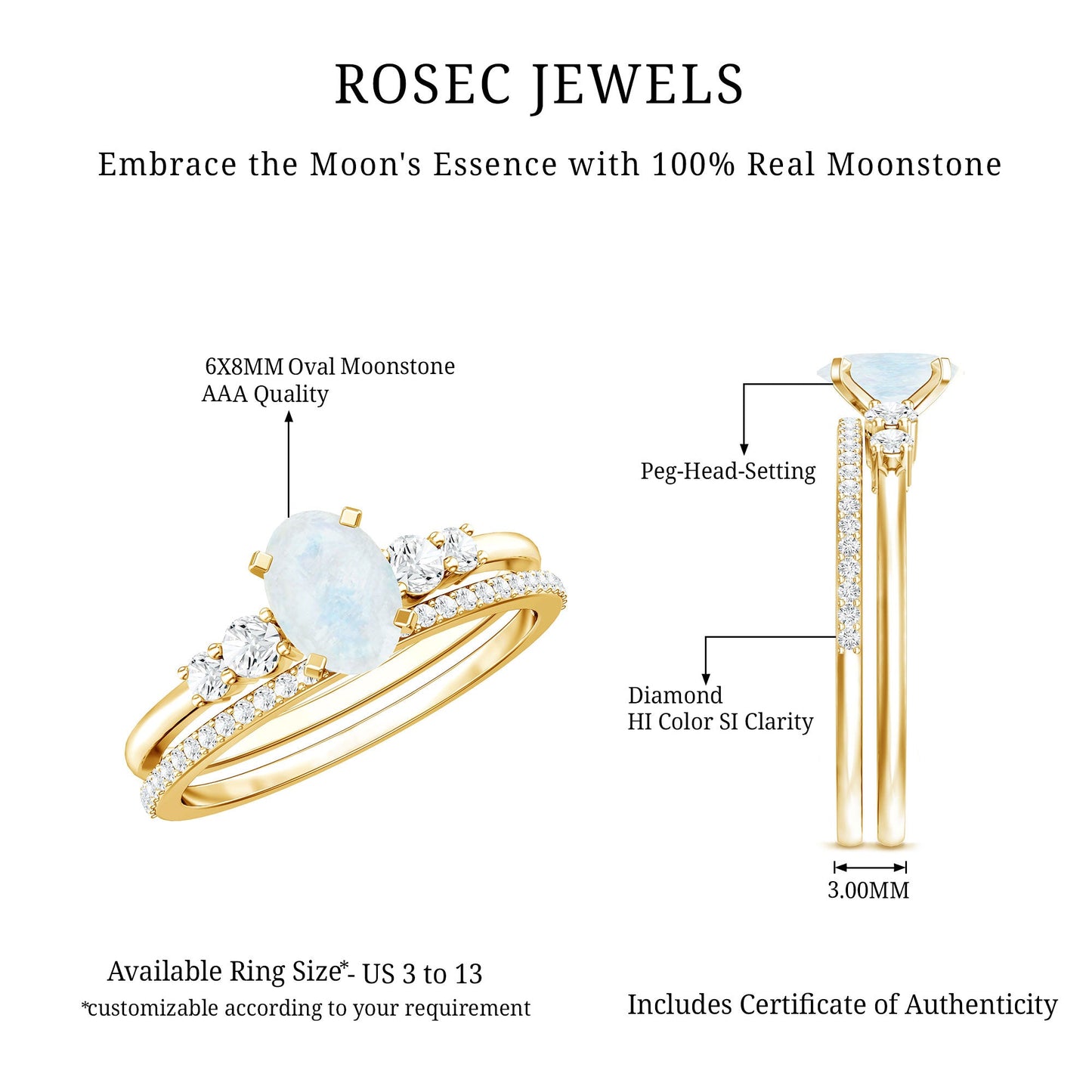 Oval Moonstone Solitaire Ring Set with Diamond
