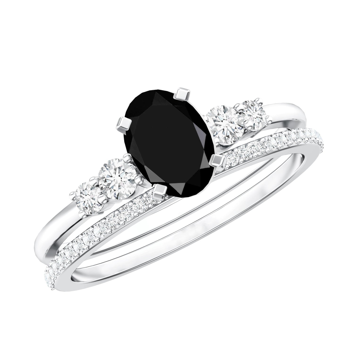 Natural 0.6 Carat Oval Shape Black Spinel Wedding Ring Set with Diamond