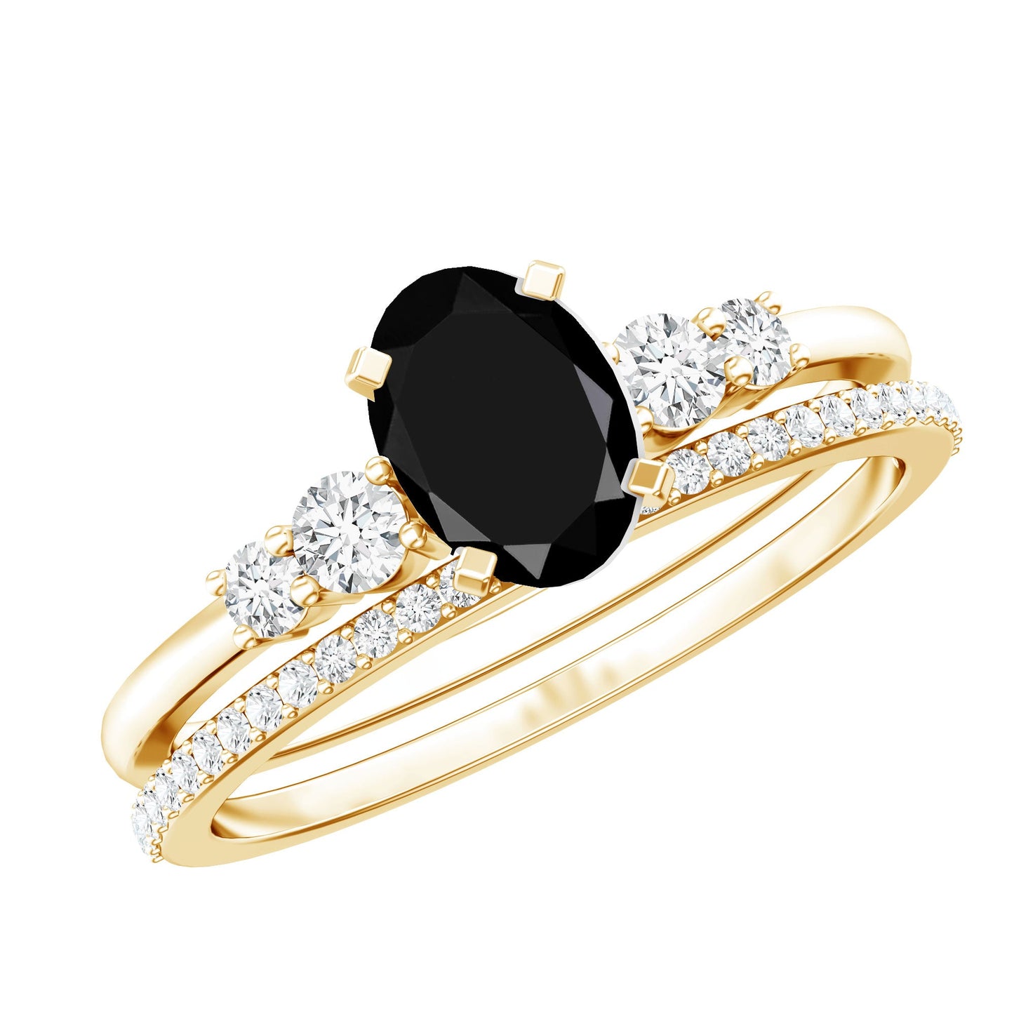 Natural 0.6 Carat Oval Shape Black Spinel Wedding Ring Set with Diamond