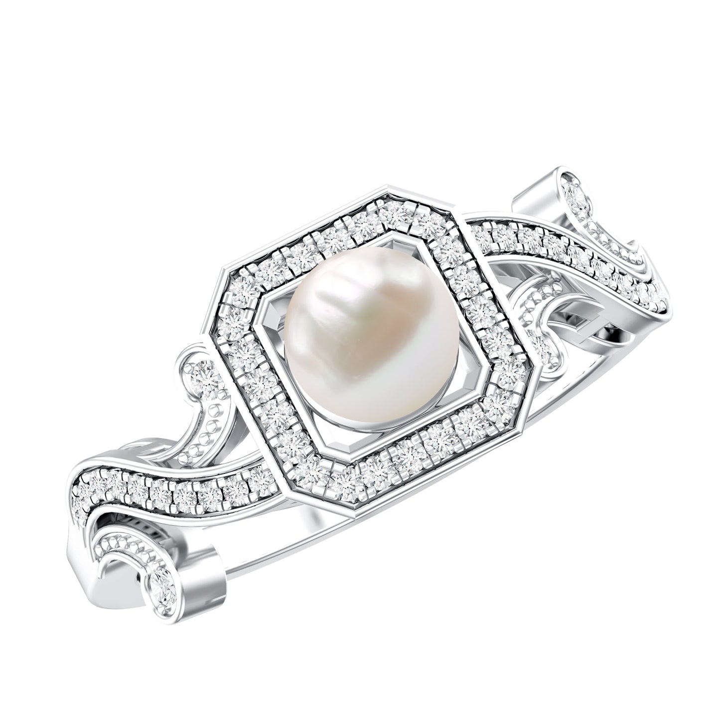 Vintage Inspired 2 Carat Pearl Engagement Ring with Diamond Halo