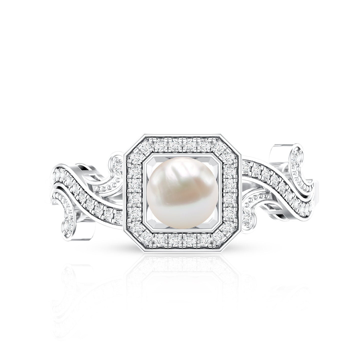 Vintage Inspired 2 Carat Pearl Engagement Ring with Diamond Halo