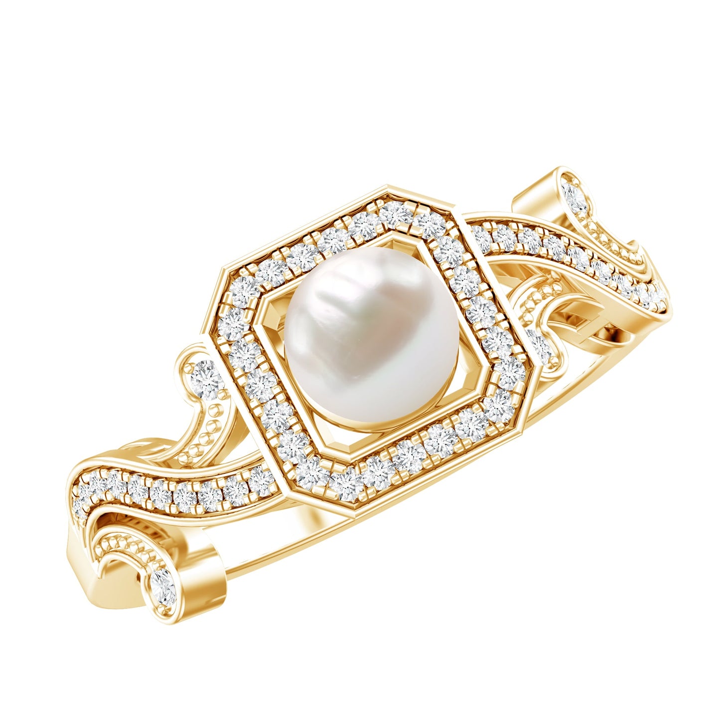 Vintage Inspired 2 Carat Pearl Engagement Ring with Diamond Halo