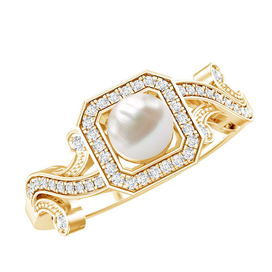 Vintage Inspired 2 Carat Pearl Engagement Ring with Diamond Halo
