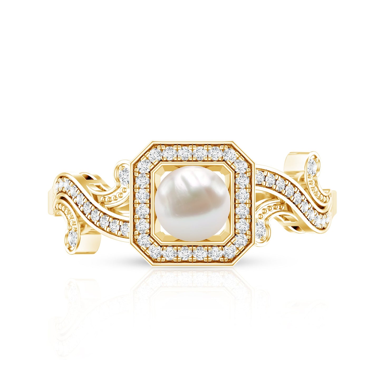 Vintage Inspired 2 Carat Pearl Engagement Ring with Diamond Halo