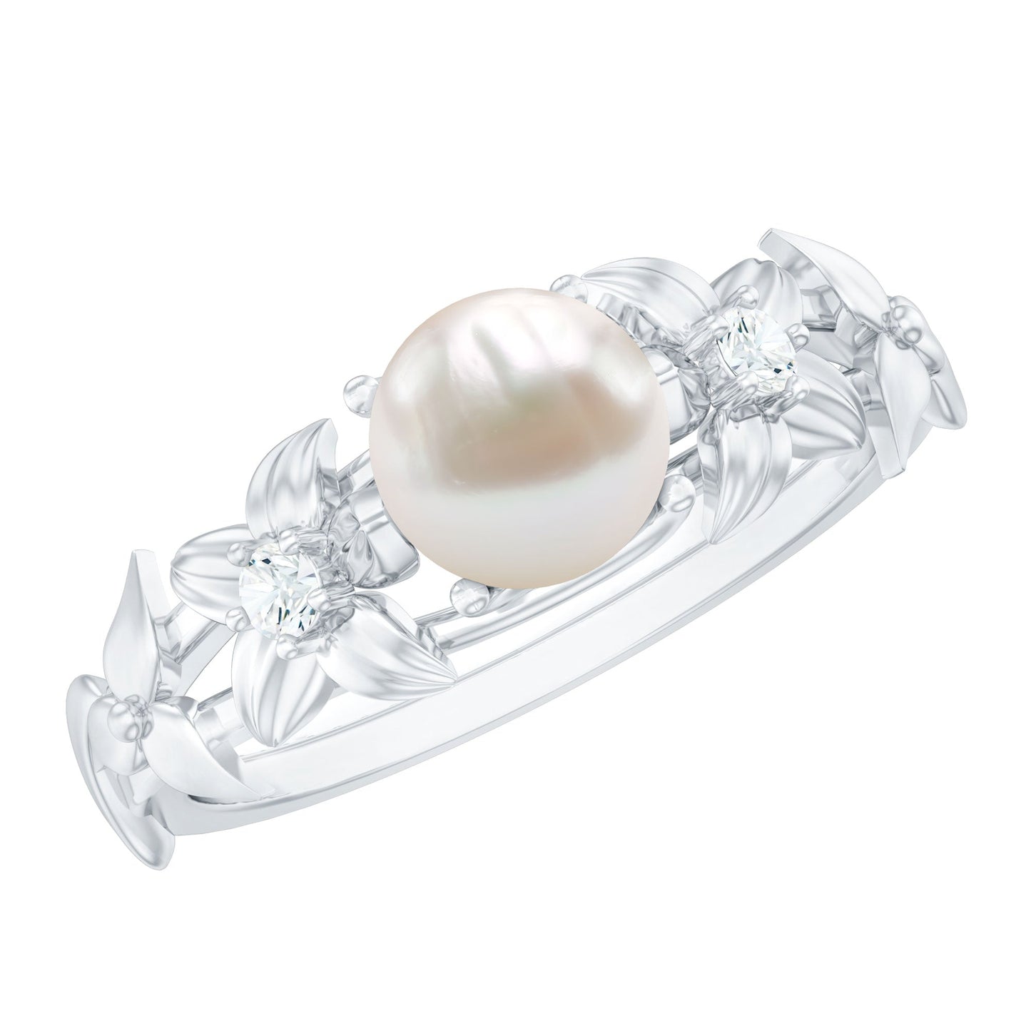 Cultured 2.2 Carat White Pearl Flower Engagement Ring with Diamonds