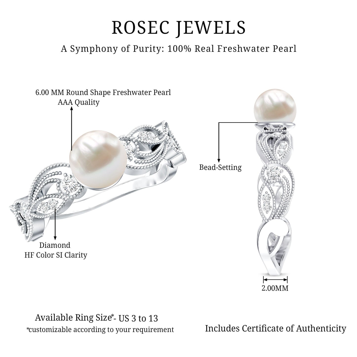 2.2 Carat Freshwater Pearl Vintage Looking Engagement Ring with Diamond