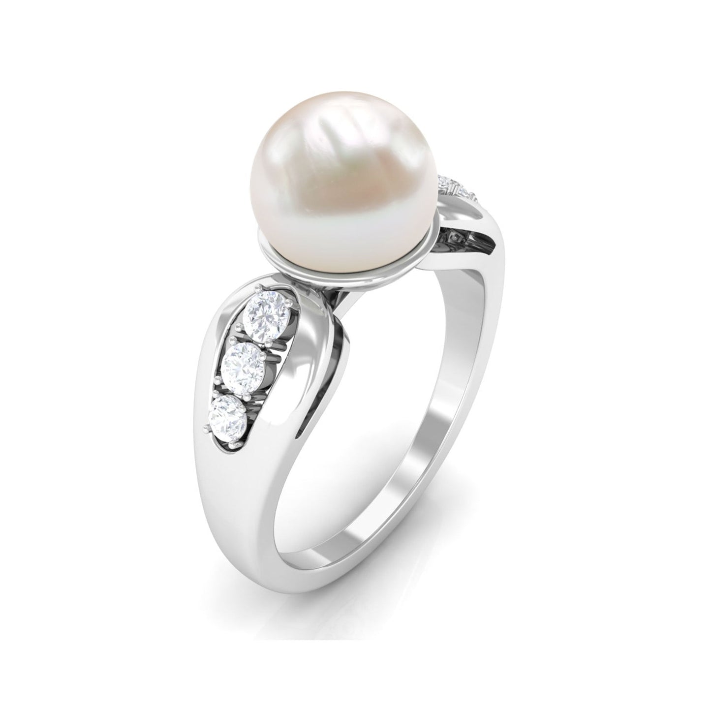 Bead Set Freshwater Pearl Solitaire Ring with Diamond Side Stones