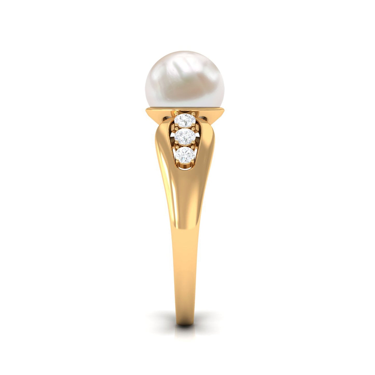 Bead Set Freshwater Pearl Solitaire Ring with Diamond Side Stones