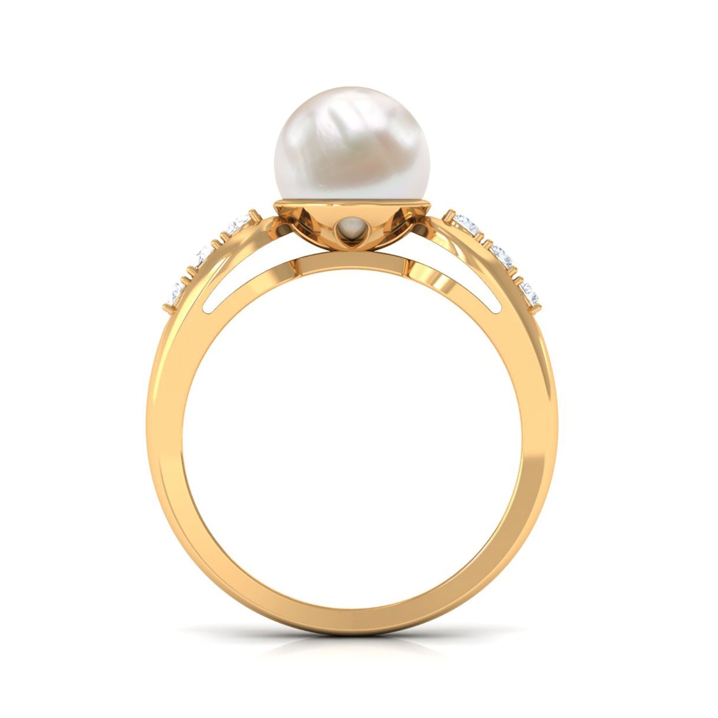 Bead Set Freshwater Pearl Solitaire Ring with Diamond Side Stones