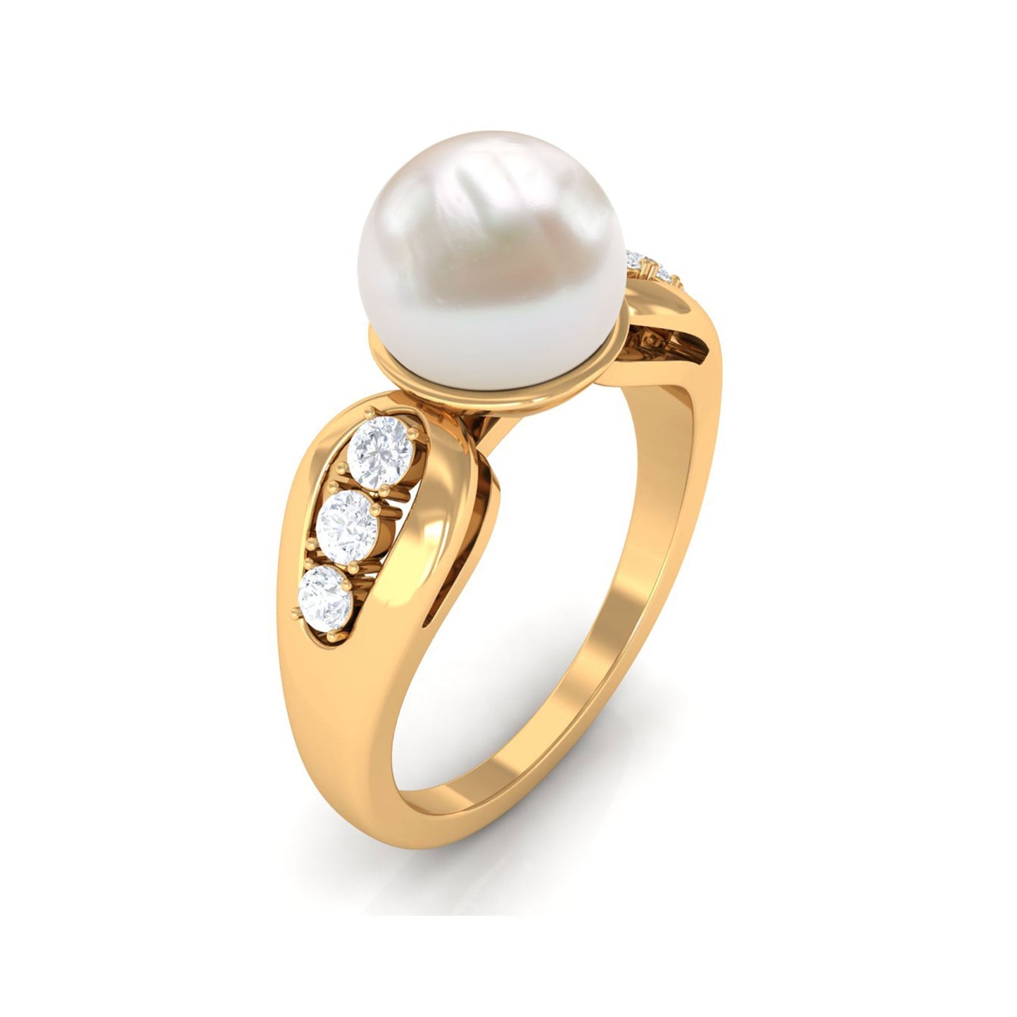 Bead Set Freshwater Pearl Solitaire Ring with Diamond Side Stones