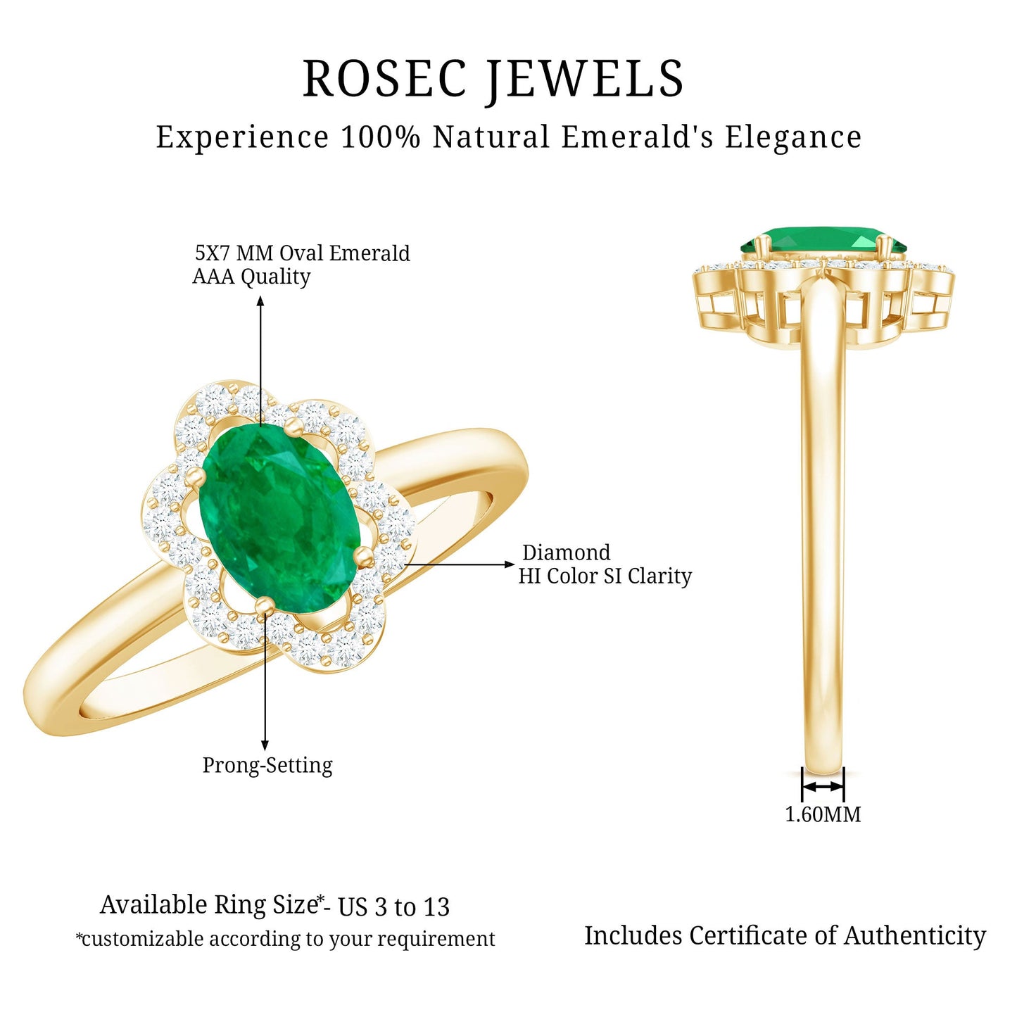 Natural 0.7 Carat Oval Emerald Engagement Ring with Diamond