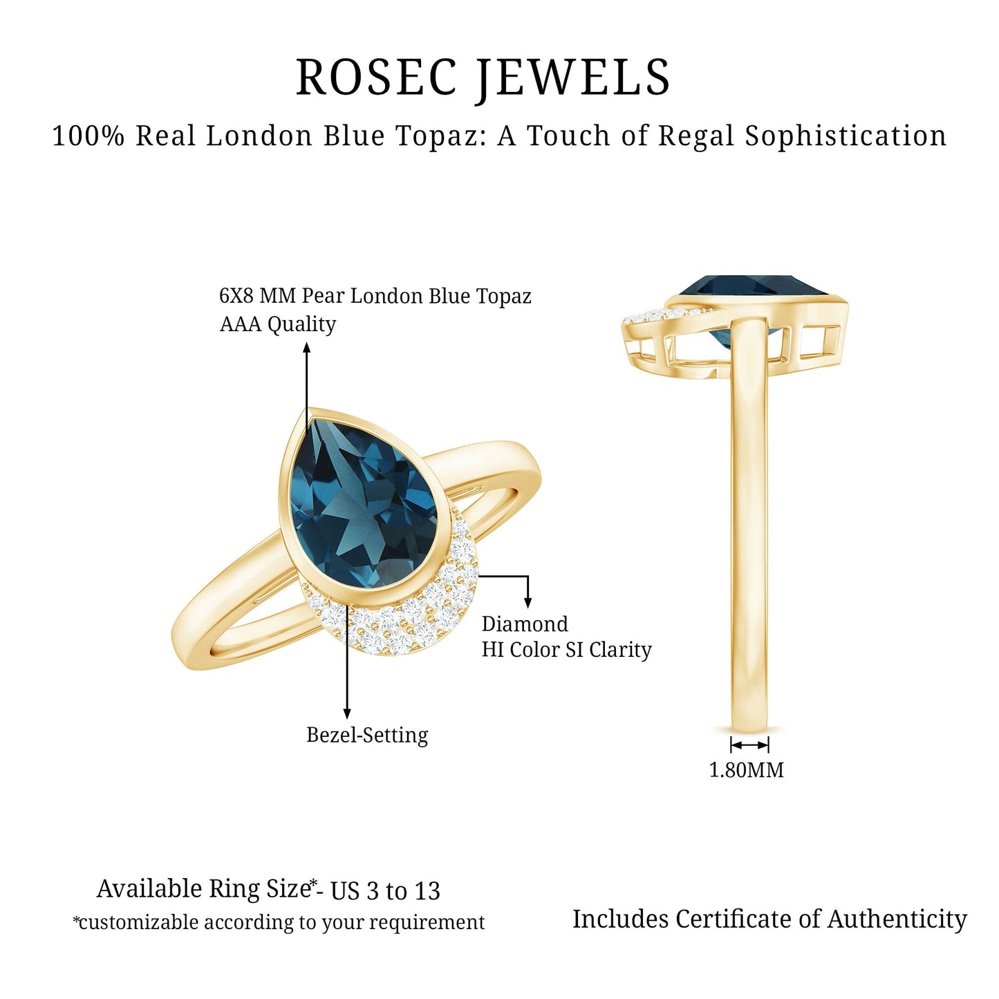 Genuine London Blue Topaz Diamond Engagement Ring in Bezel Setting