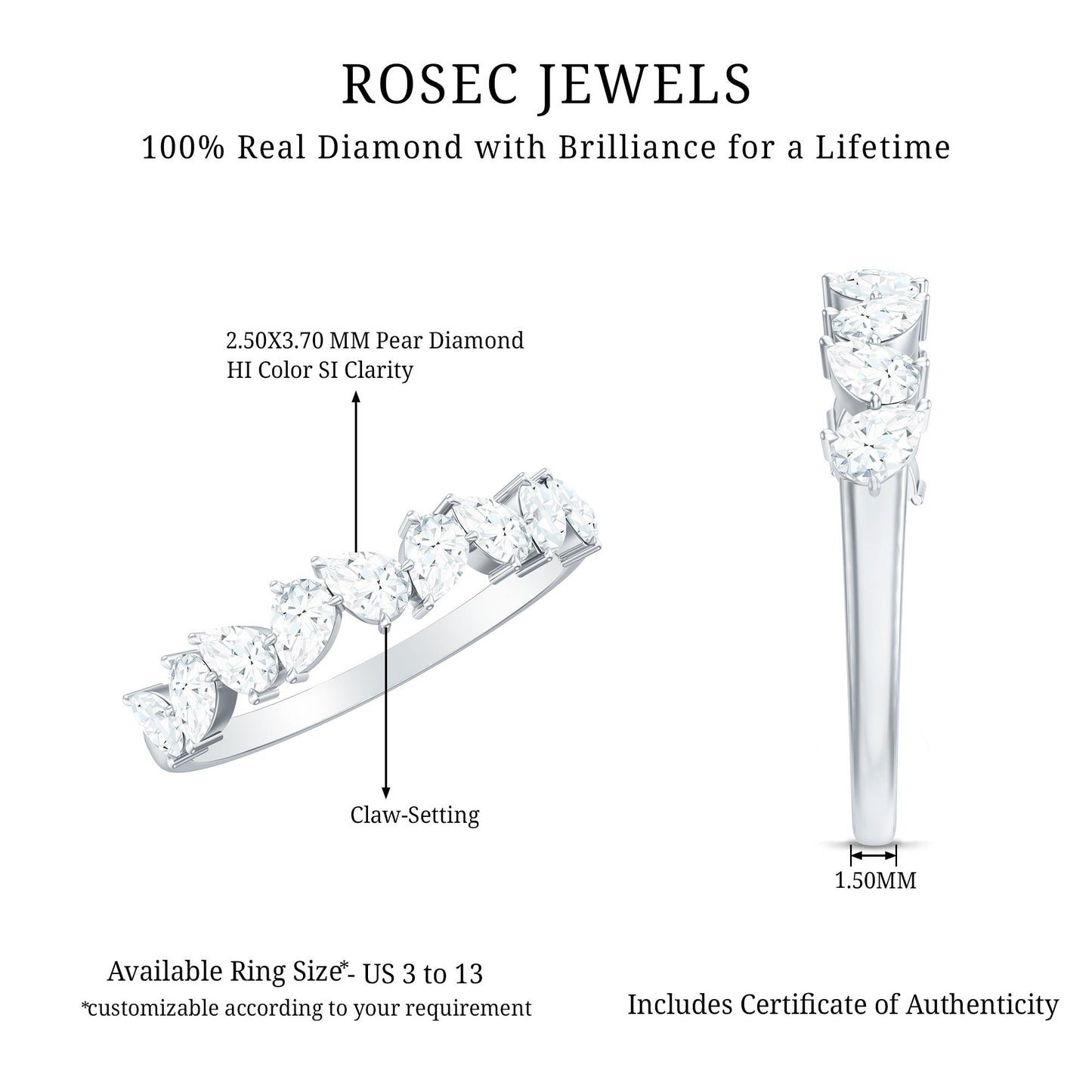 Natural Pear Shape Diamond Half Eternity Ring for Women