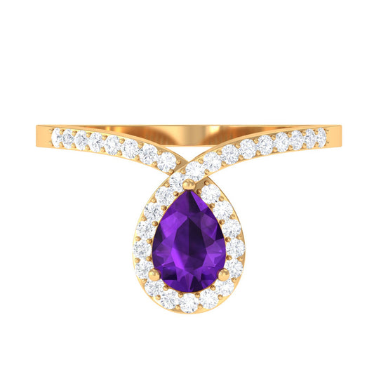 Designer 1 Carat Pear Shape Amethyst Chevron Engagement Ring with Diamond