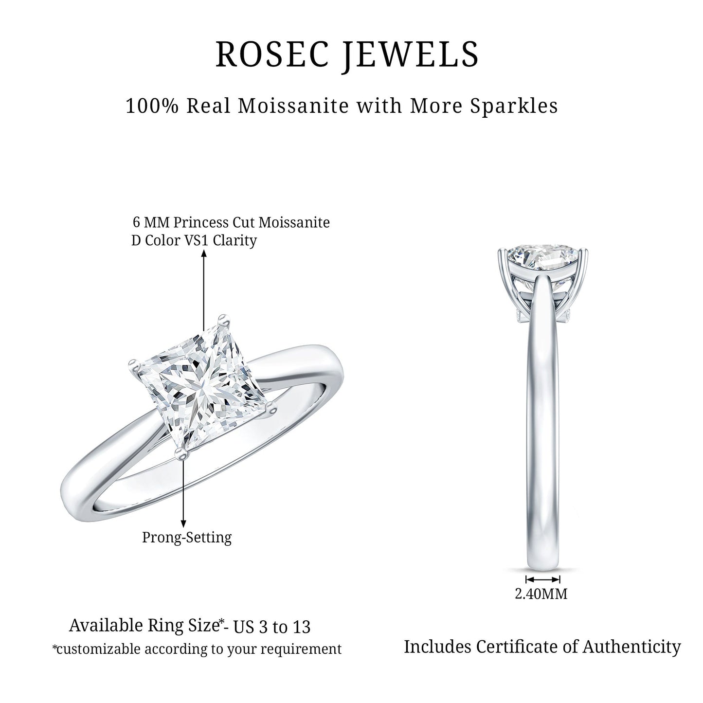 Princess Cut Moissanite Solitaire Engagement Ring