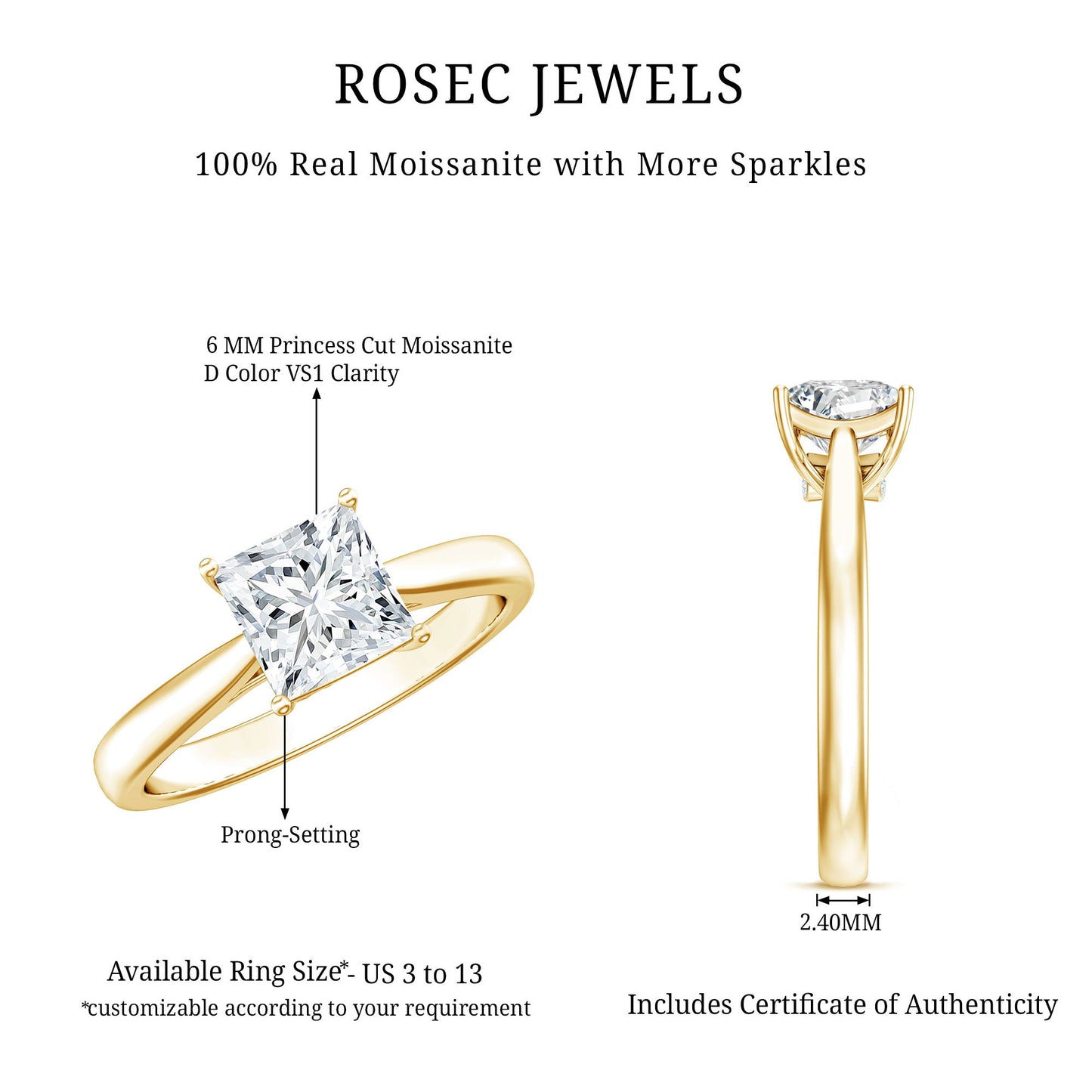 Princess Cut Moissanite Solitaire Engagement Ring