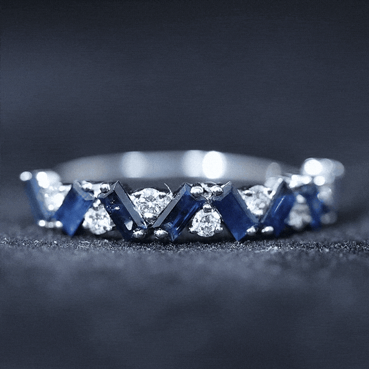 Certified Real Baguette Blue Sapphire Half Eternity Ring with Diamond