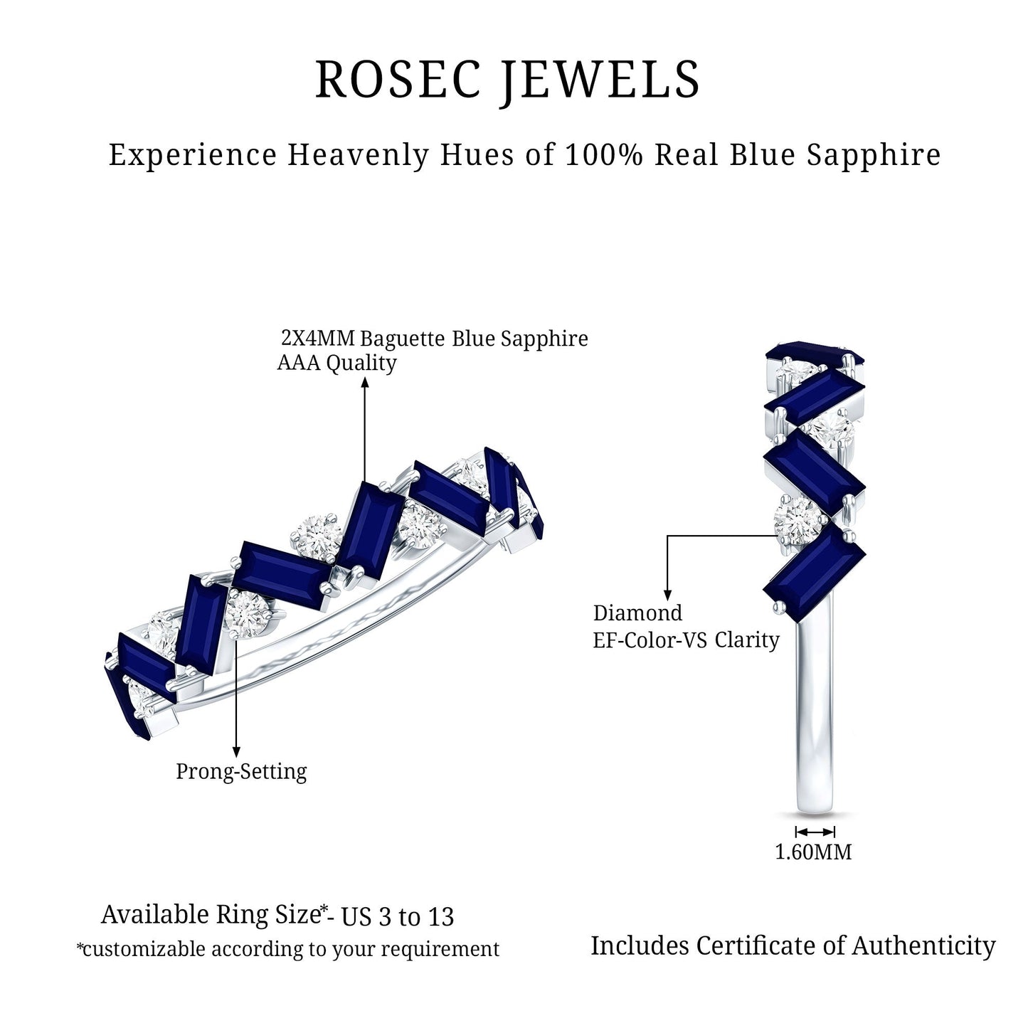 Certified Real Baguette Blue Sapphire Half Eternity Ring with Diamond