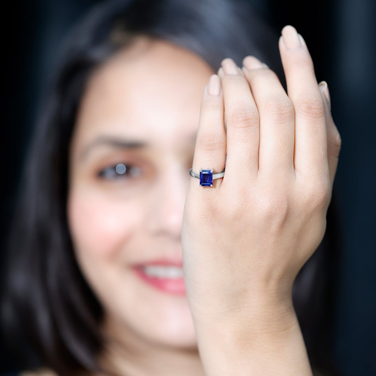 6X8 mm Emerald Cut Lab Created Blue Sapphire Solitaire Engagement Ring