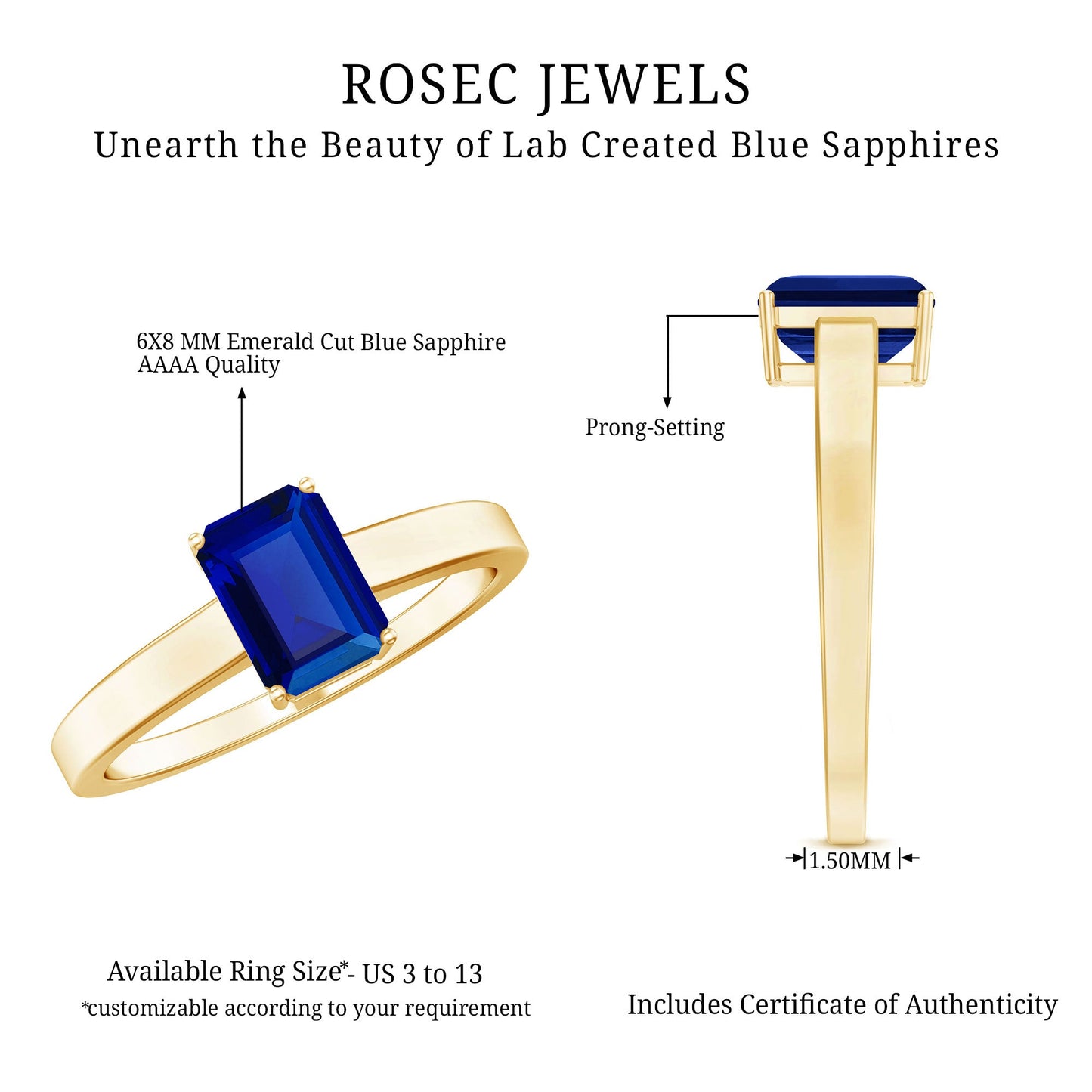 6X8 mm Emerald Cut Lab Created Blue Sapphire Solitaire Engagement Ring
