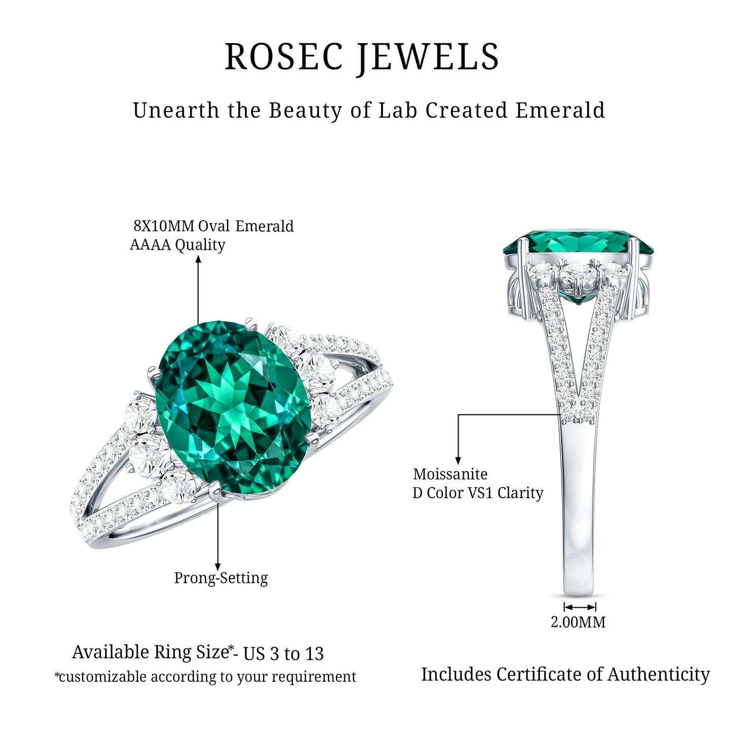 Certified 3 Carat Oval Lab Grown Emerald Split Shank Engagement Ring