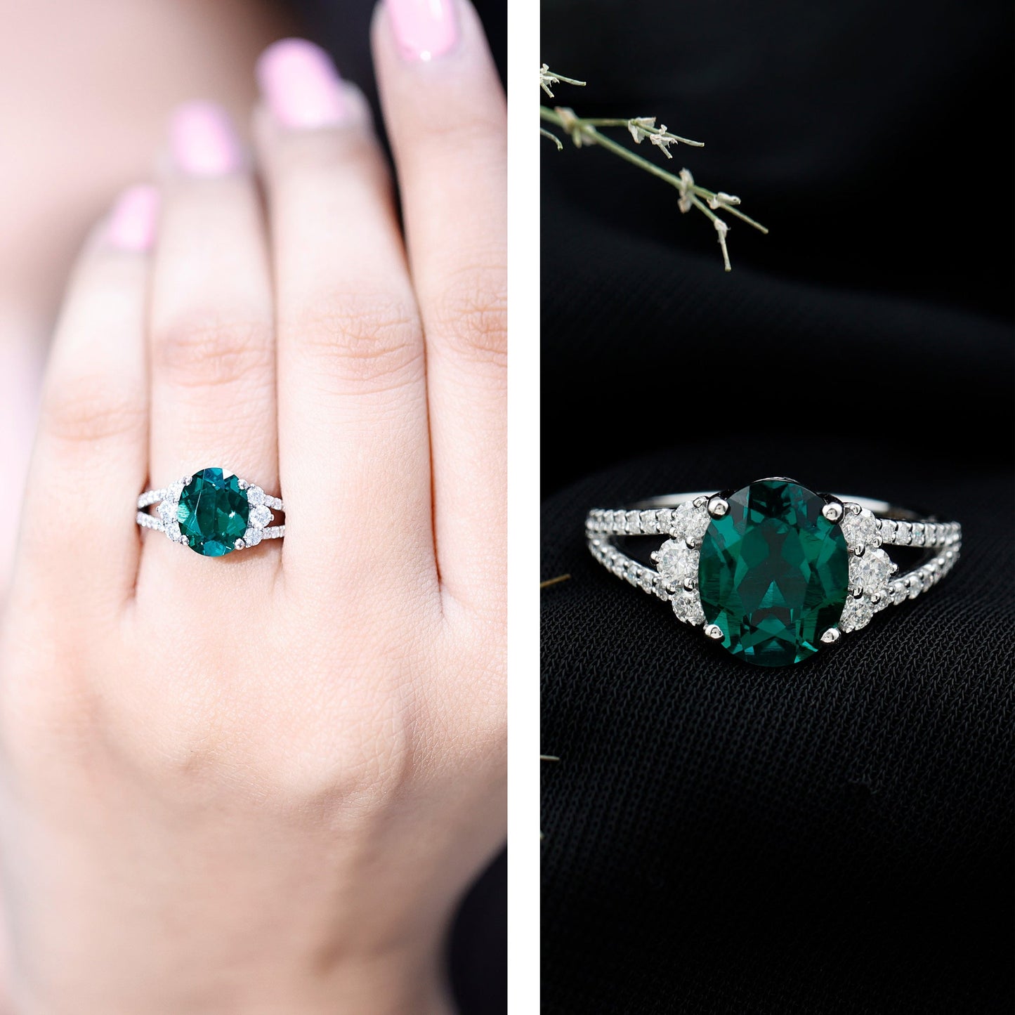 Certified 3 Carat Oval Lab Grown Emerald Split Shank Engagement Ring