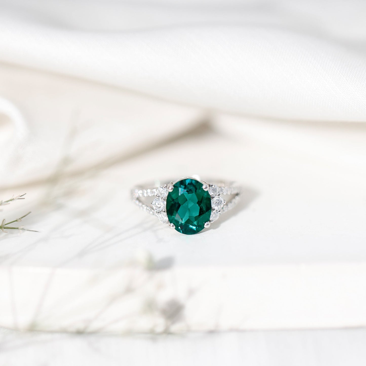 Certified 3 Carat Oval Lab Grown Emerald Split Shank Engagement Ring