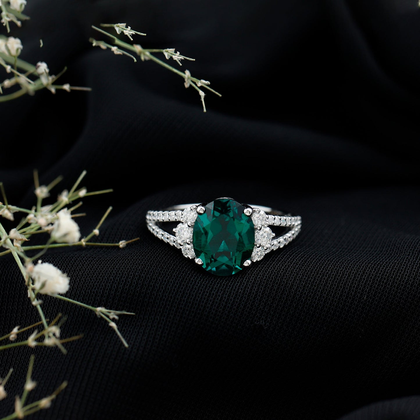 Certified 3 Carat Oval Lab Grown Emerald Split Shank Engagement Ring