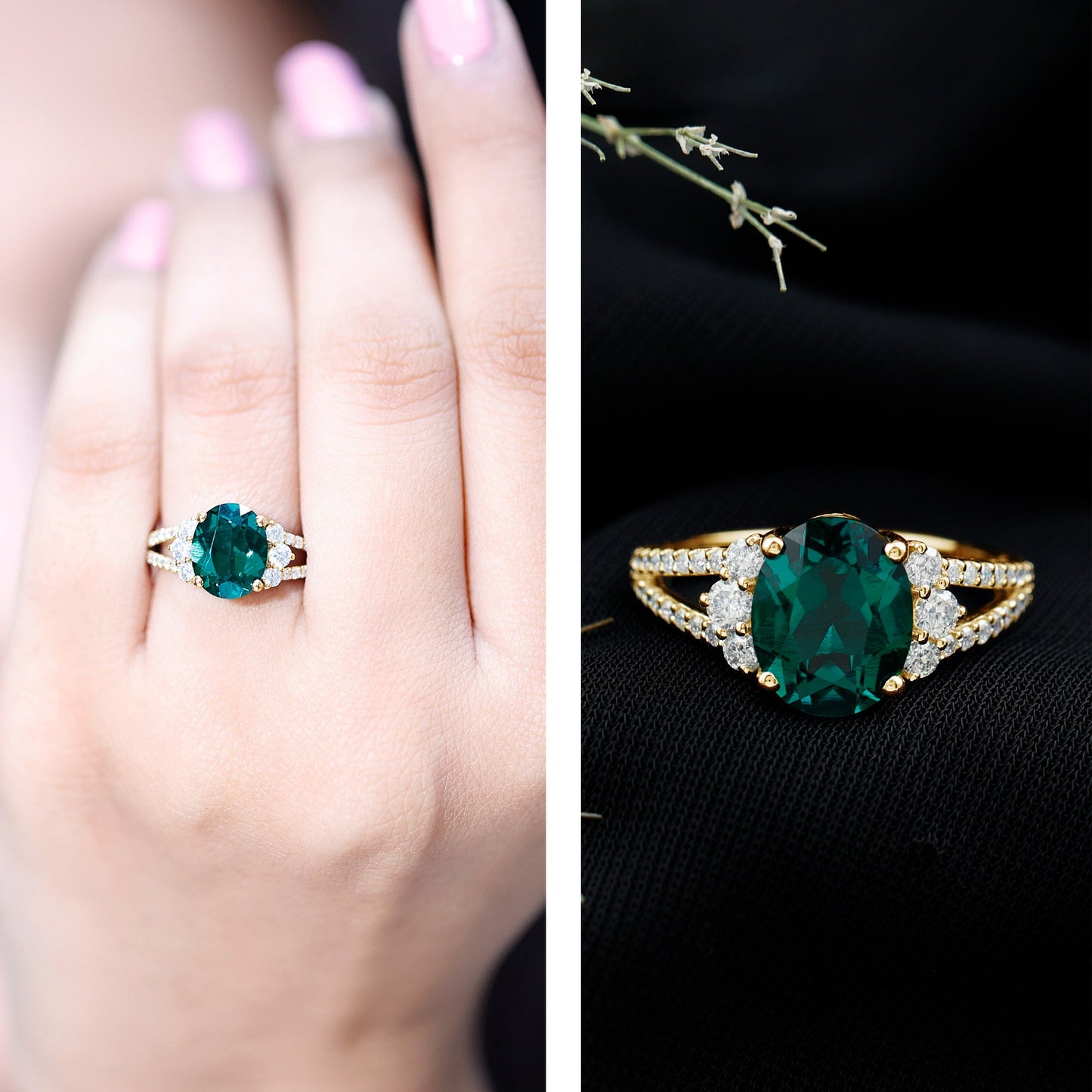 Certified 3 Carat Oval Lab Grown Emerald Split Shank Engagement Ring