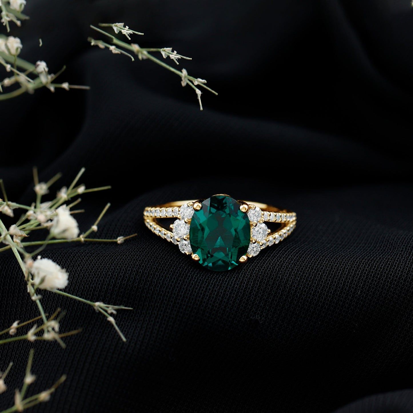 Certified 3 Carat Oval Lab Grown Emerald Split Shank Engagement Ring