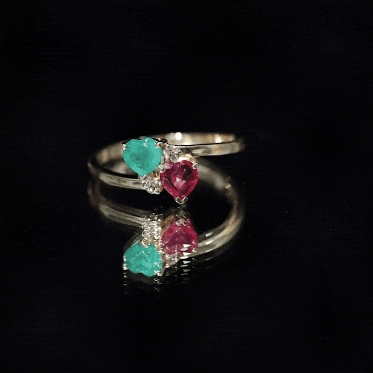 Heart Shaped Ruby Emerald Two Stone Engagement Ring