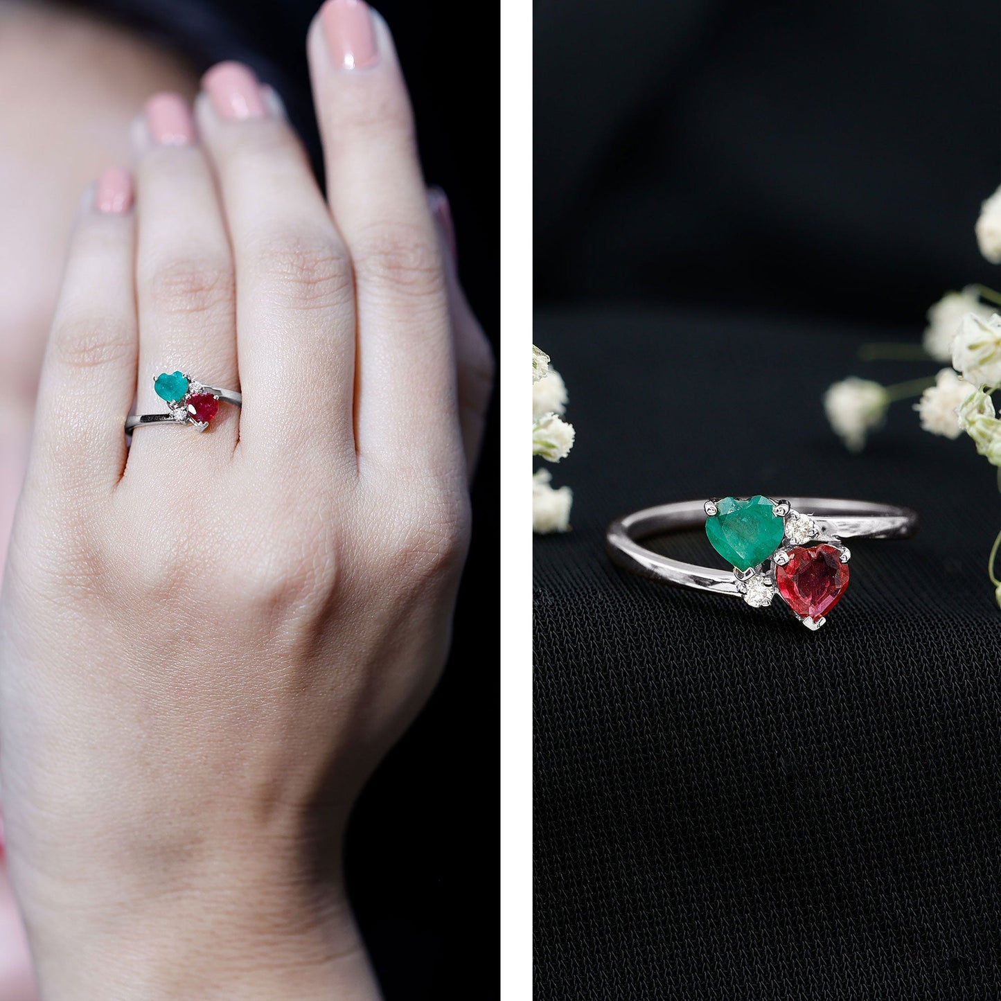 Heart Shaped Ruby Emerald Two Stone Engagement Ring