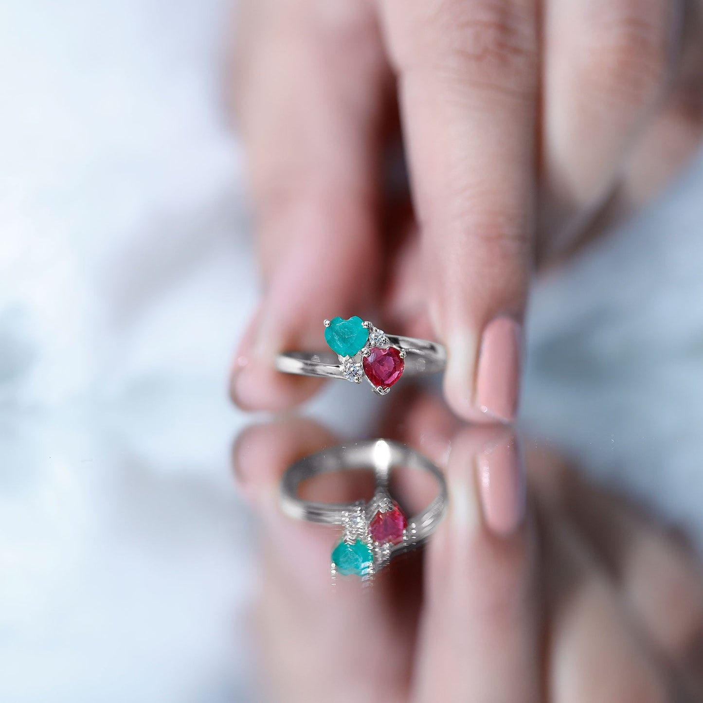 Heart Shaped Ruby Emerald Two Stone Engagement Ring