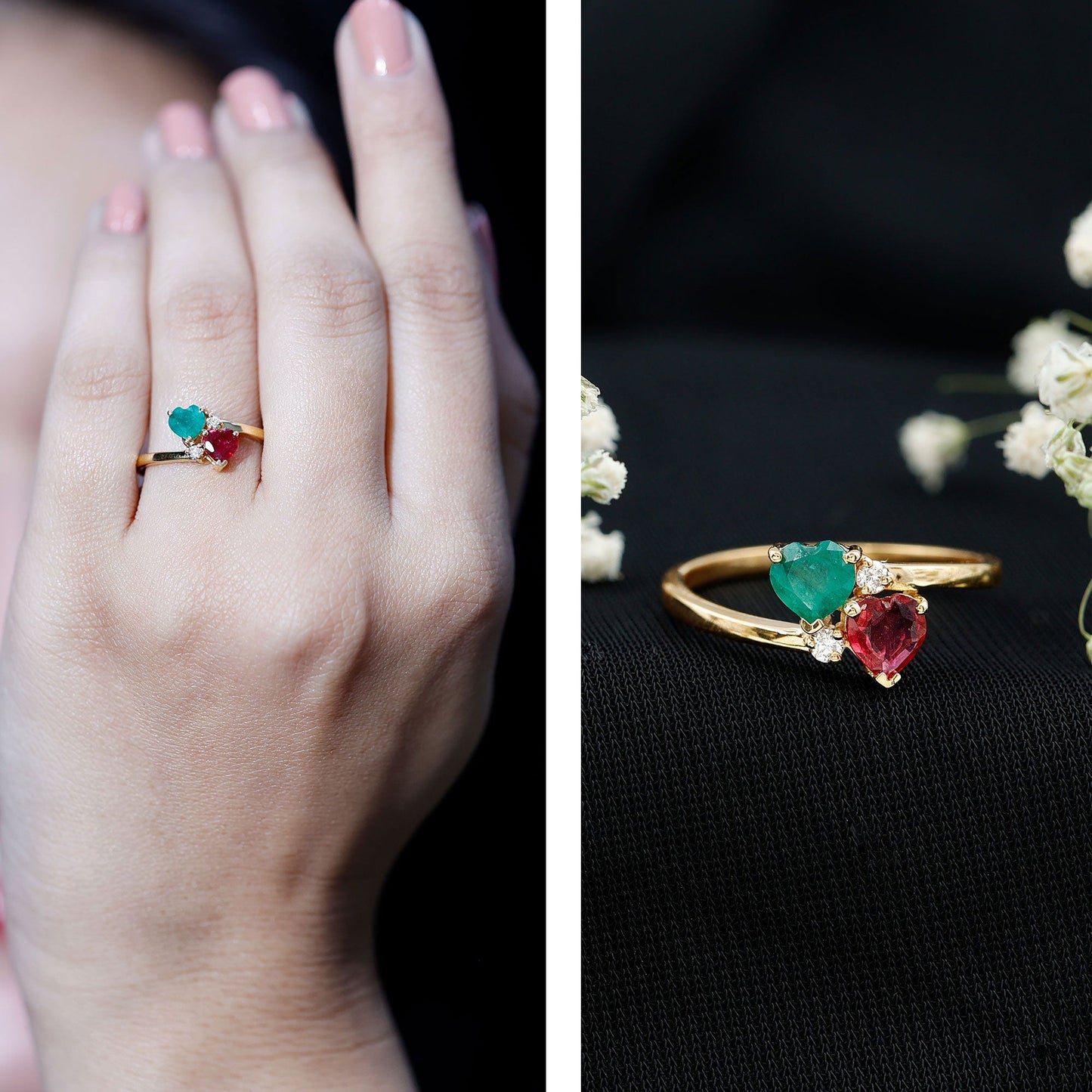 Heart Shaped Ruby Emerald Two Stone Engagement Ring