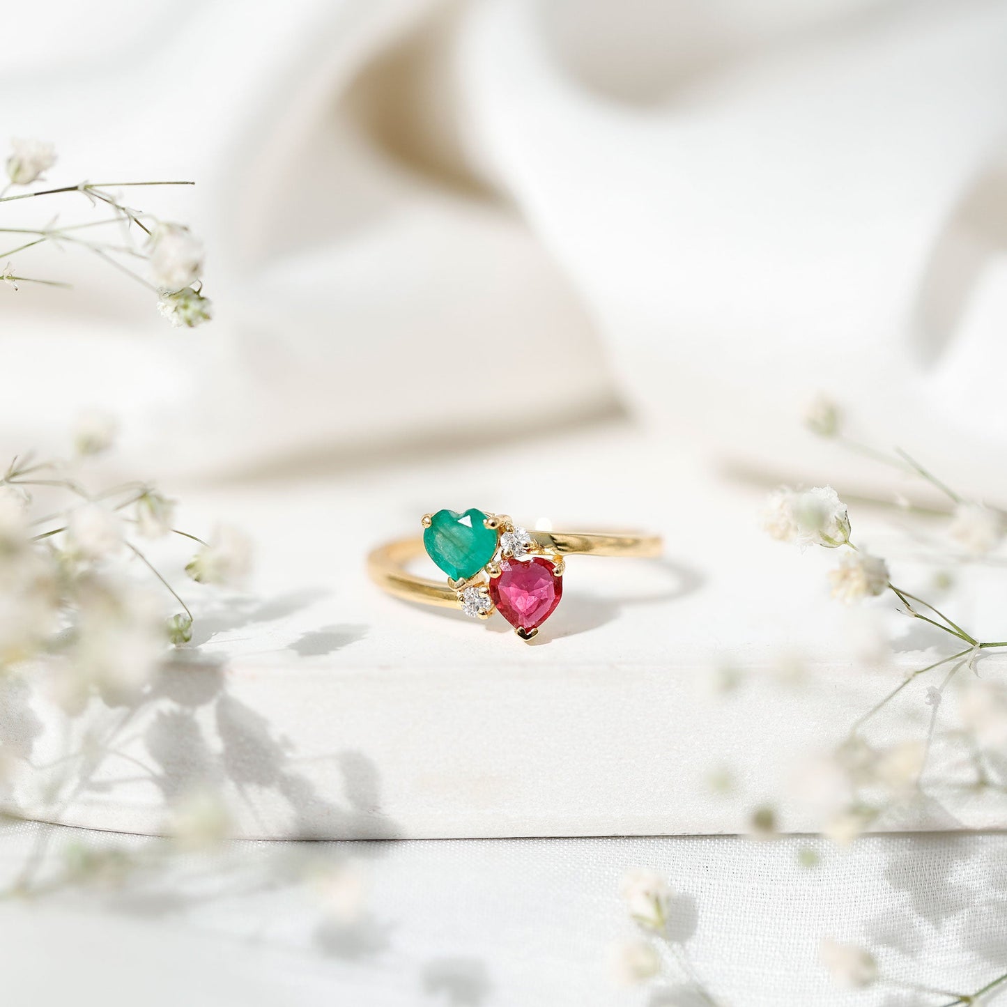 Heart Shaped Ruby Emerald Two Stone Engagement Ring