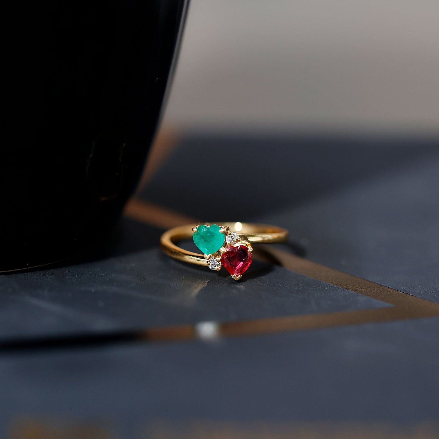 Heart Shaped Ruby Emerald Two Stone Engagement Ring