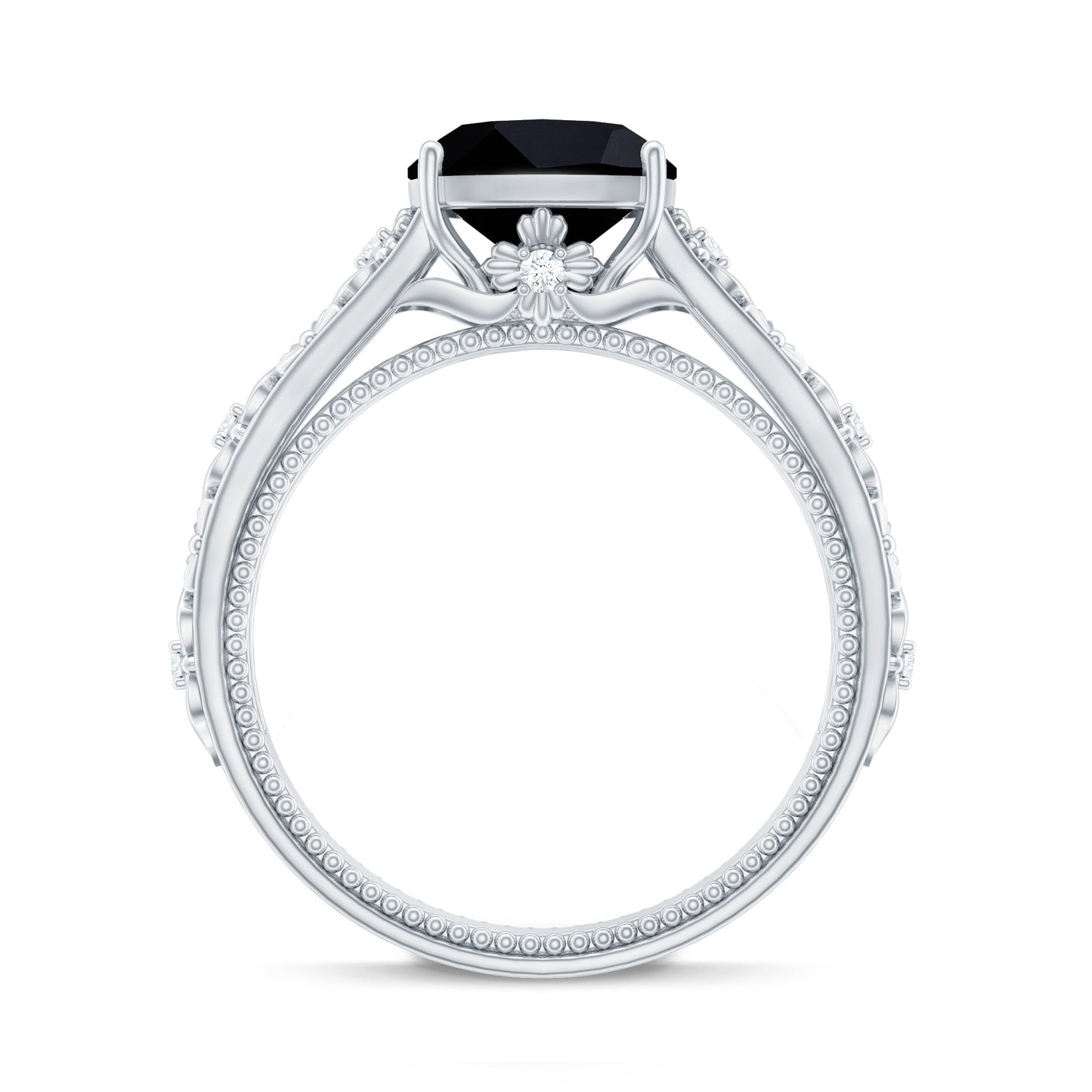 Genuine 2 Carat Black Spinel Vintage Engagement Ring with Diamond