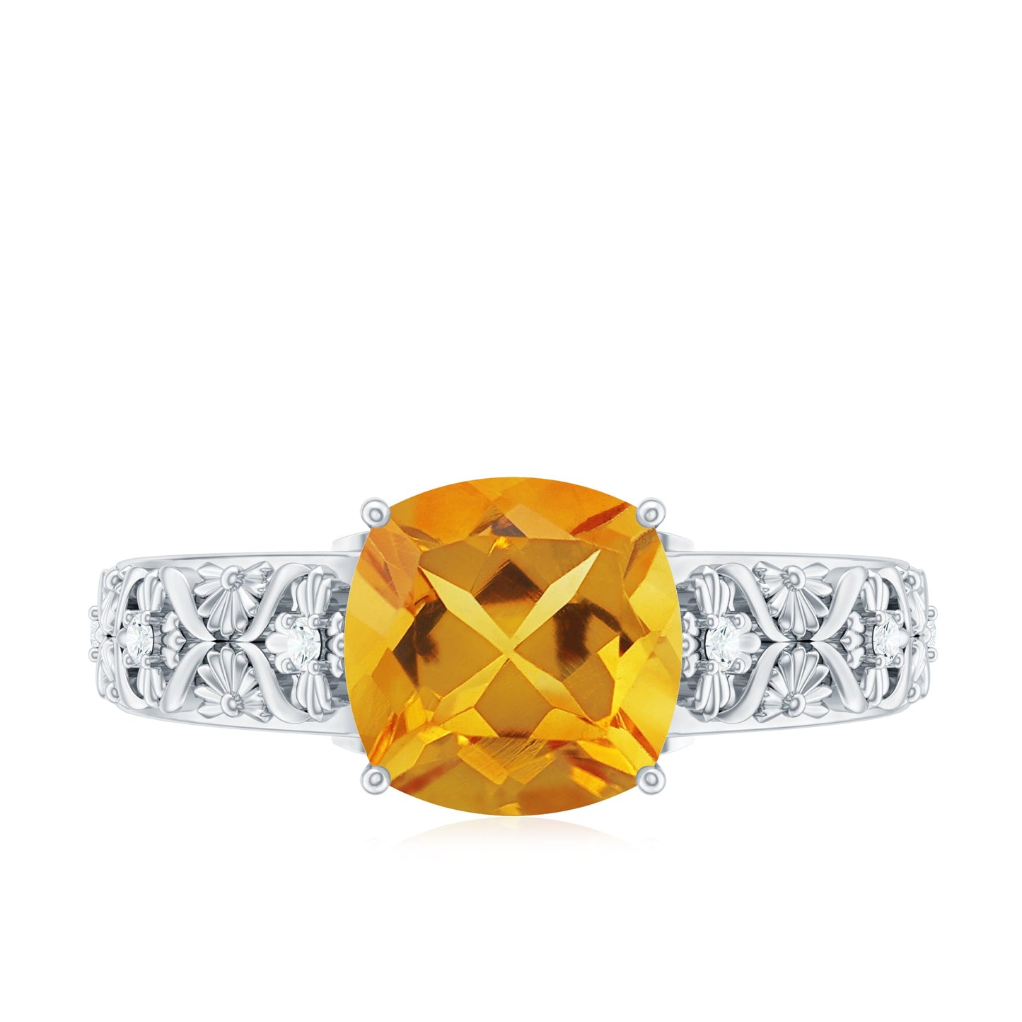 Vintage Style 8mm Citrine Cushion Cut Engagement Ring with Diamond