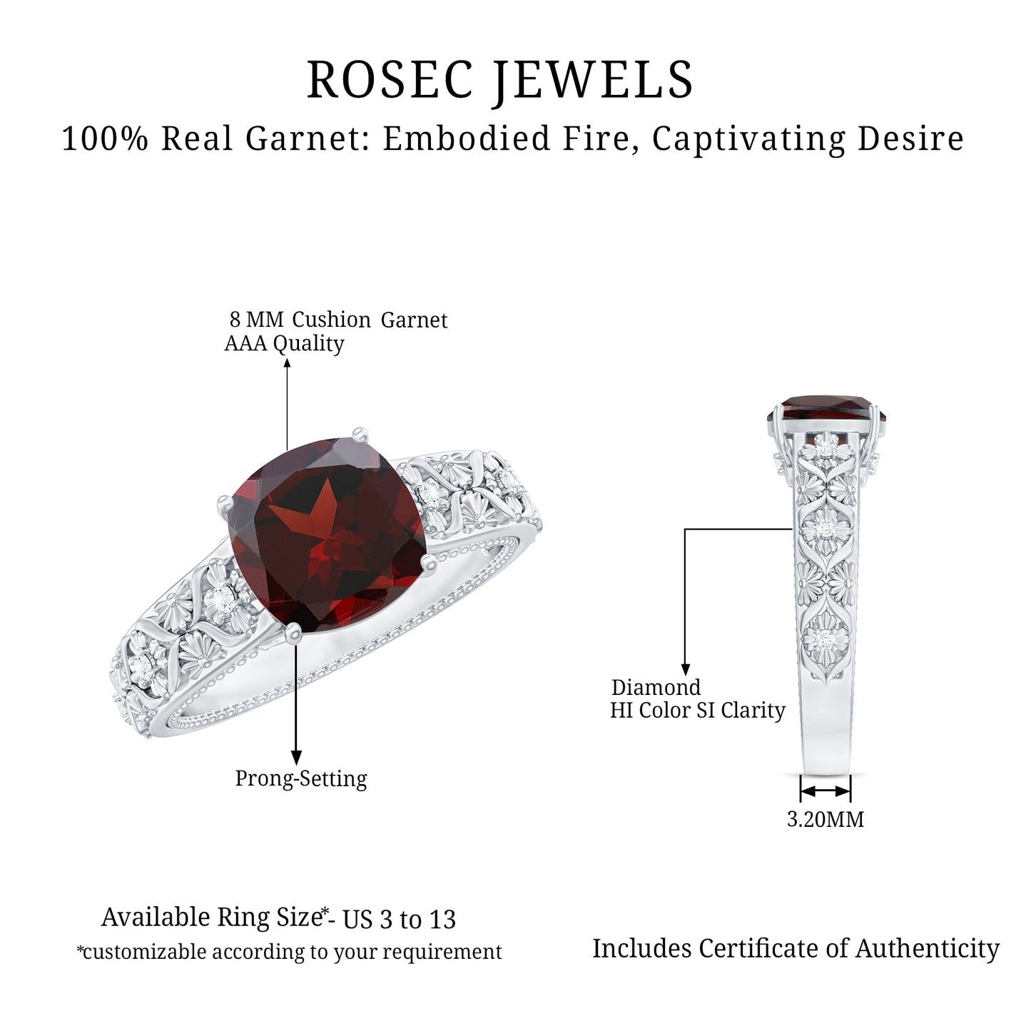 Nature Inspired 3.2 Carat Garnet Cushion Cut Engagement Ring with Diamond