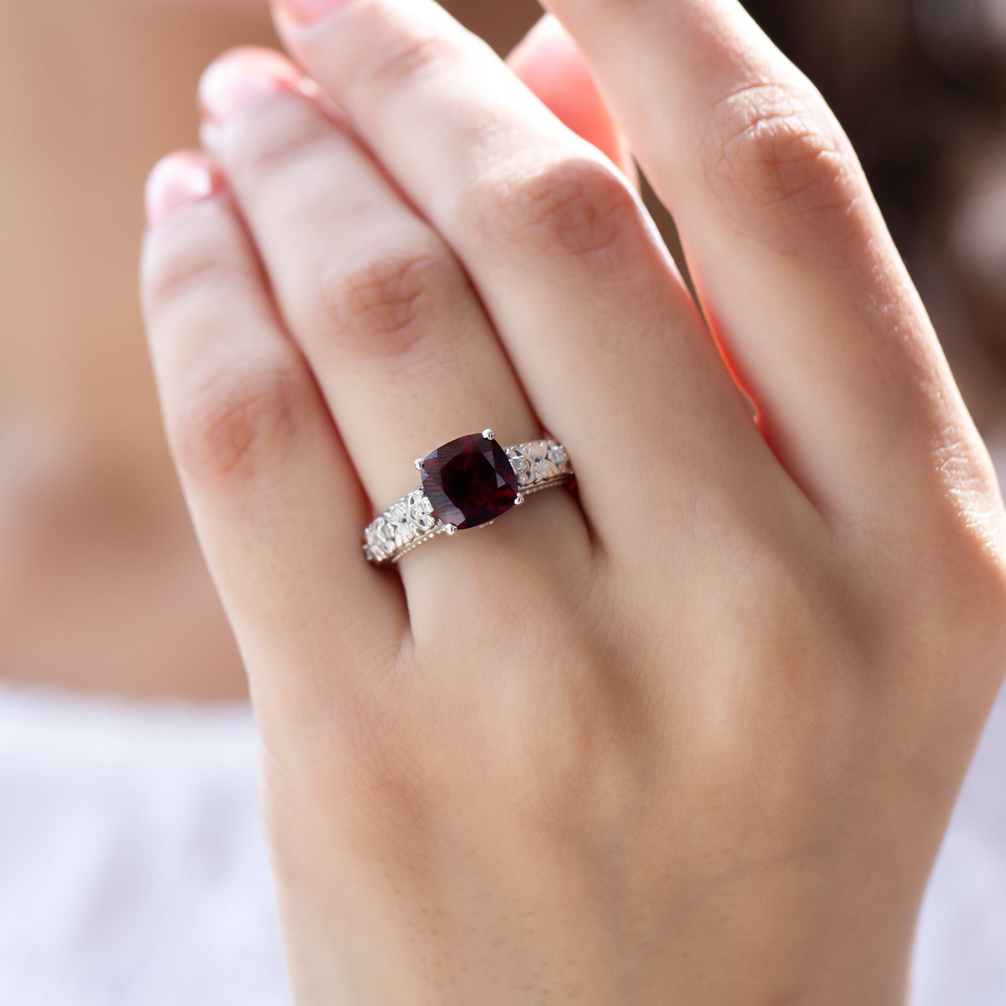 Nature Inspired 3.2 Carat Garnet Cushion Cut Engagement Ring with Diamond