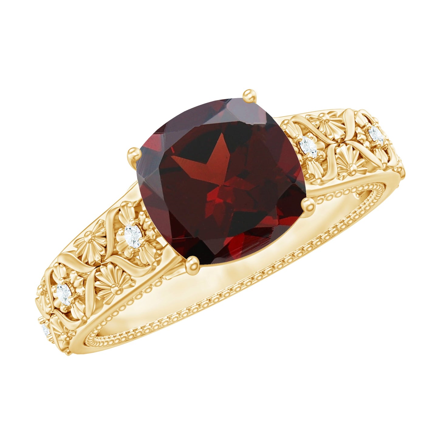 Nature Inspired 3.2 Carat Garnet Cushion Cut Engagement Ring with Diamond