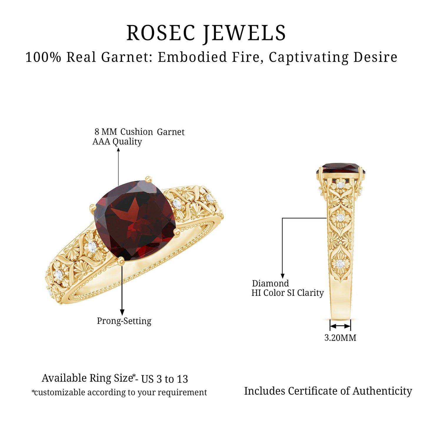Nature Inspired 3.2 Carat Garnet Cushion Cut Engagement Ring with Diamond