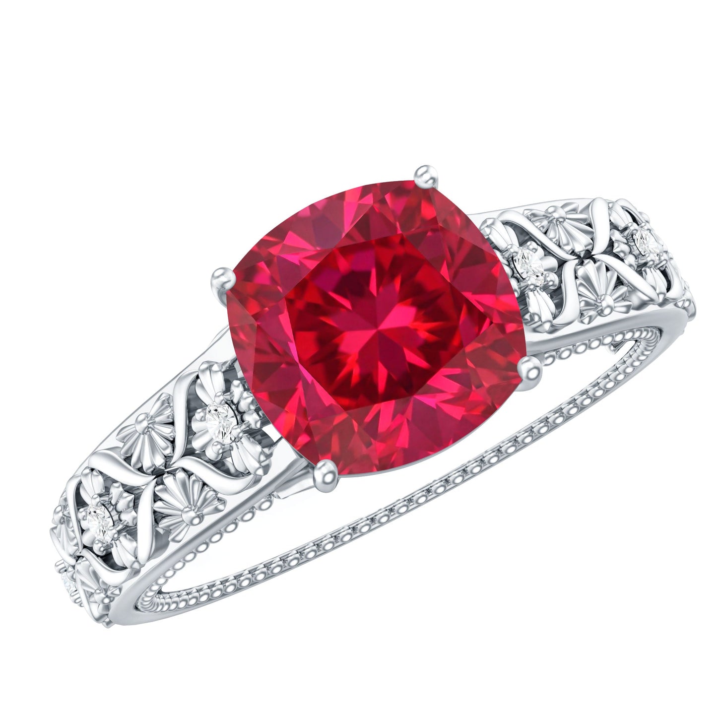 Vintage Inspired 2 Carat Cushion Cut Lab Created Ruby Engagement Ring