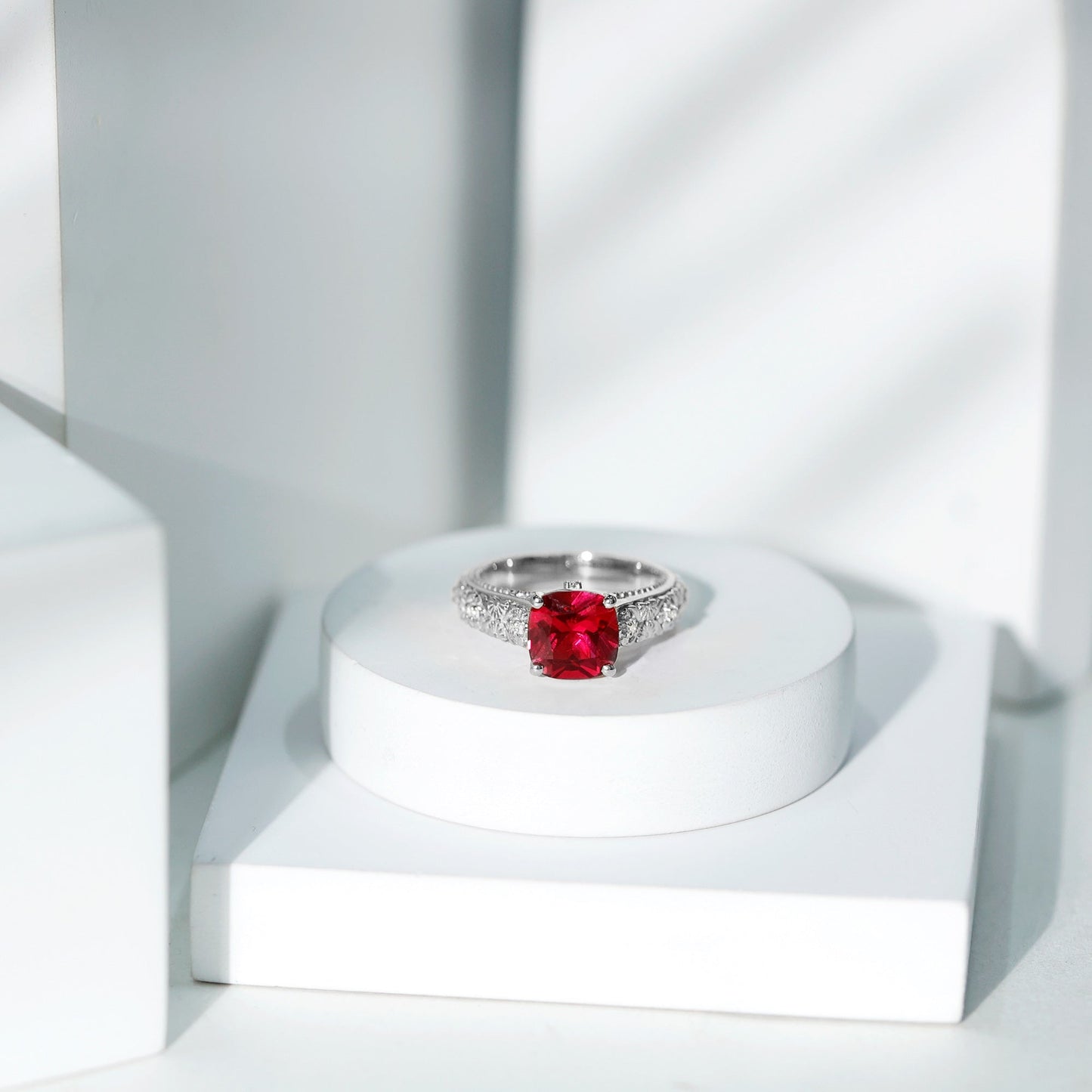 Vintage Inspired 2 Carat Cushion Cut Lab Created Ruby Engagement Ring