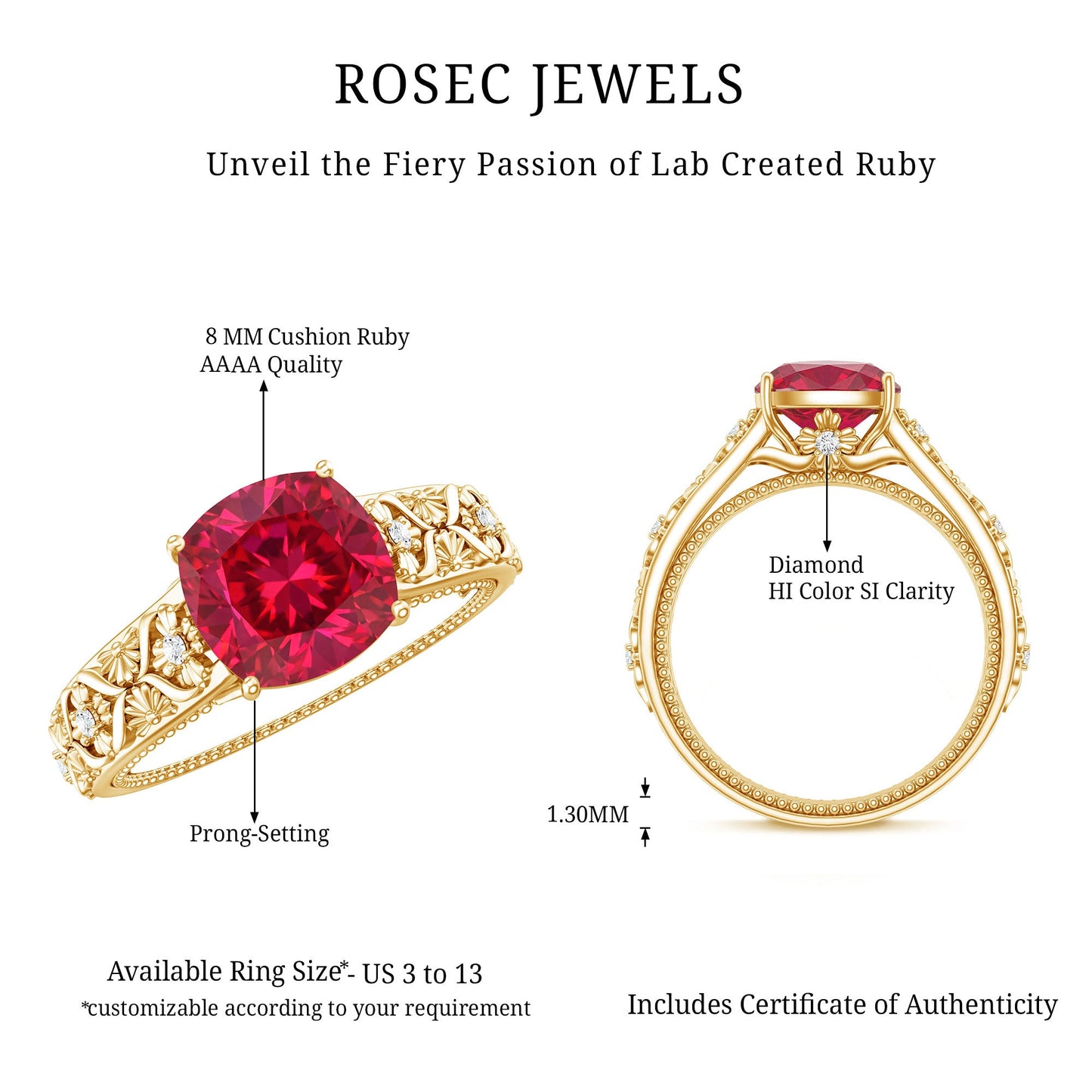 Vintage Inspired 2 Carat Cushion Cut Lab Created Ruby Engagement Ring