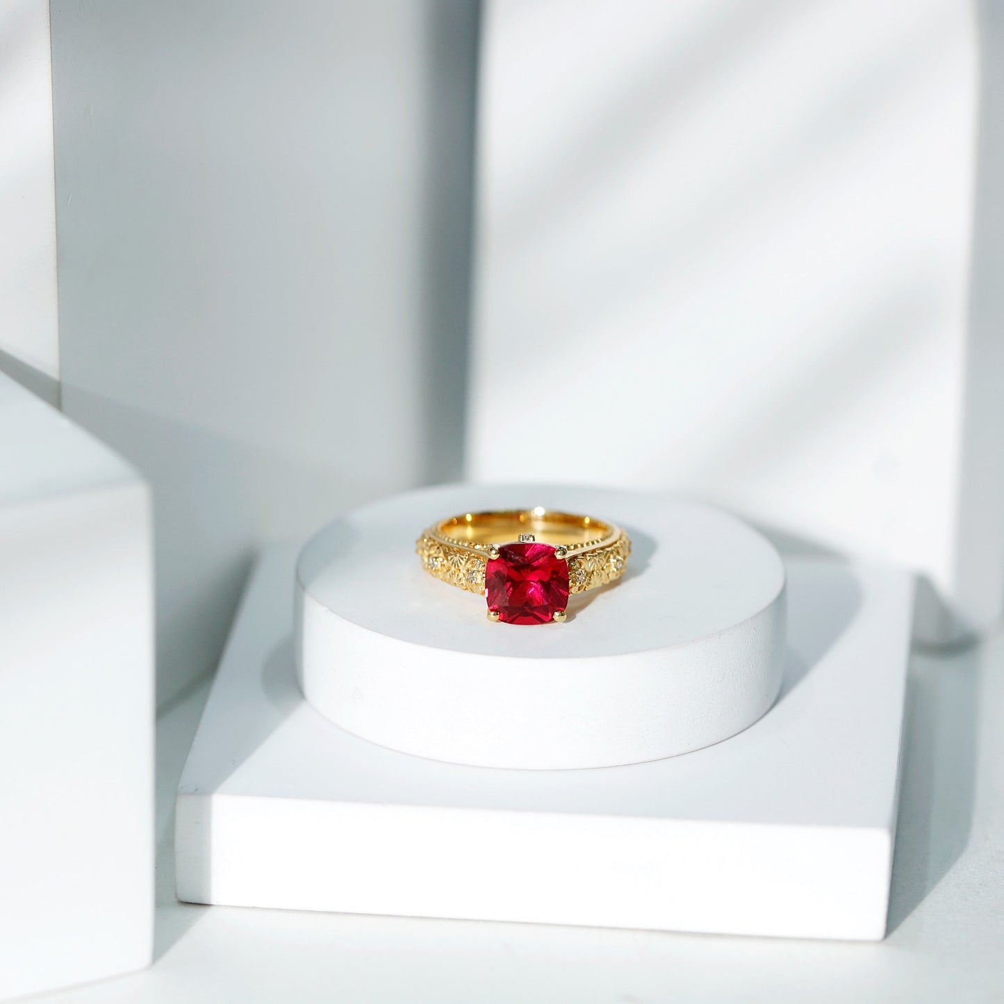 Vintage Inspired 2 Carat Cushion Cut Lab Created Ruby Engagement Ring