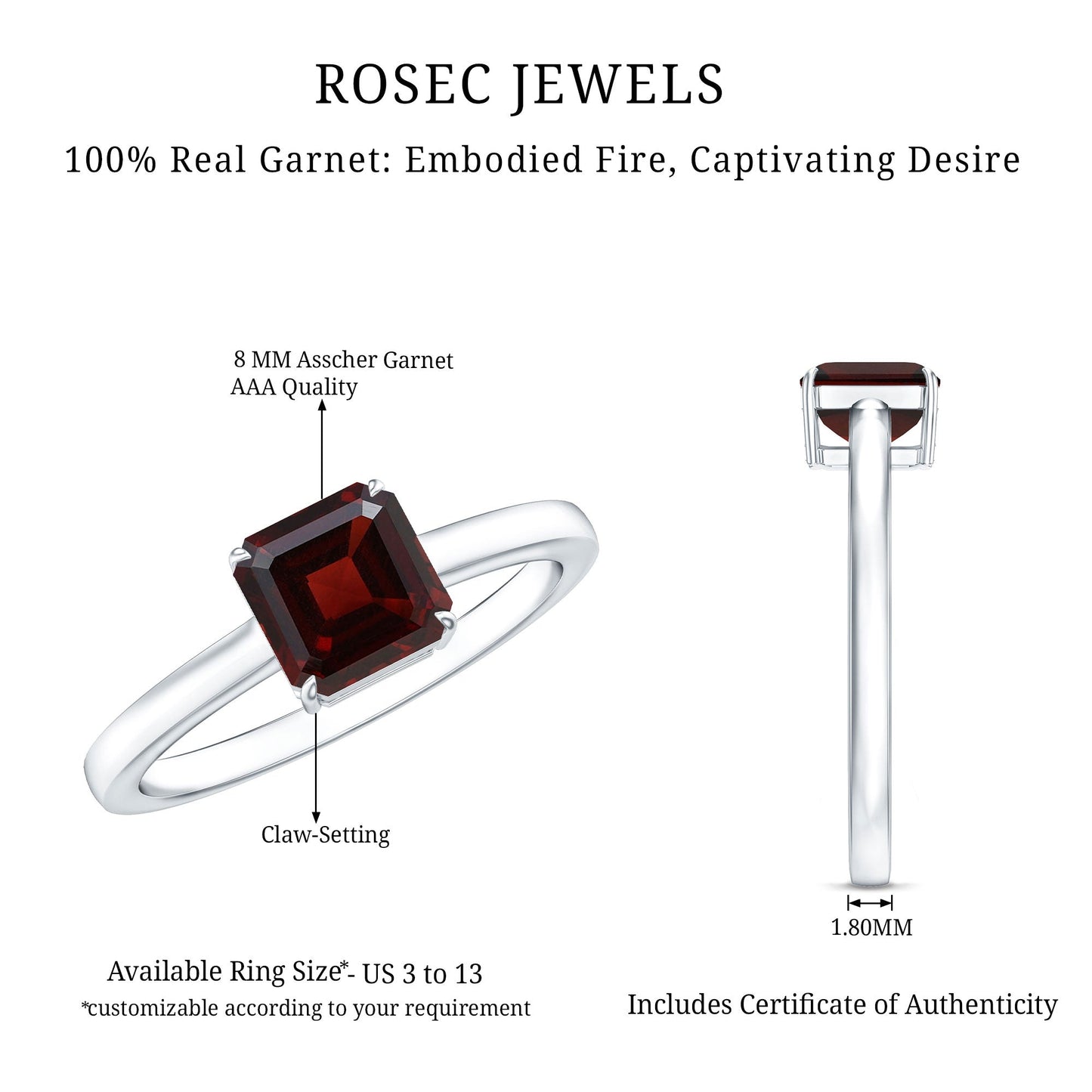 3.3 Carat Real Garnet Asscher Cut Engagement Ring with Certificate