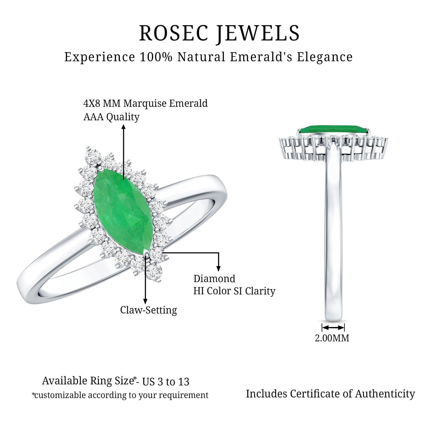 Elongated Marquise Cut Emerald Engagement Ring with Diamond Halo