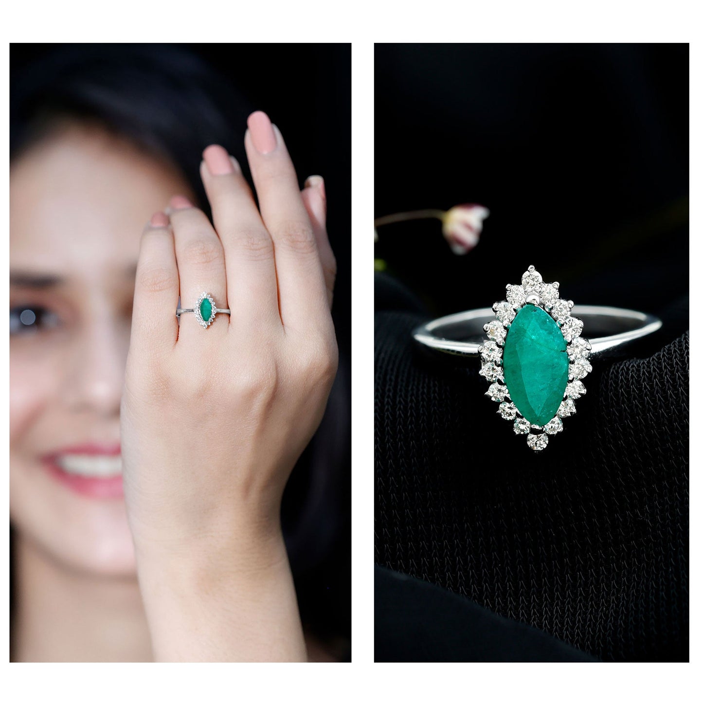 Elongated Marquise Cut Emerald Engagement Ring with Diamond Halo